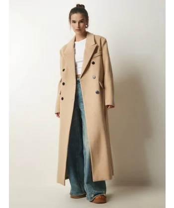 DÜĞMELİ YÜN KARIŞIMLI BEJ KABAN