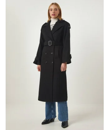 APOLETLİ KEMERLİ UZUN SİYAH YÜN KABAN