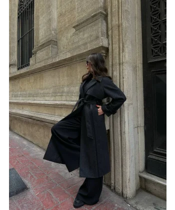 PREMİUM MODEL DERİ KOL SİYAH YÜN KABAN