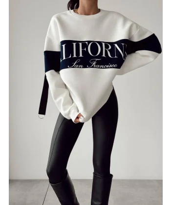 BASKI DETAYLI BEYAZ PAMUKLU SWEATSHİRT