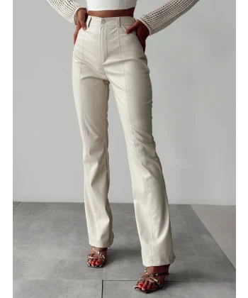 QUZU YÜKSEK BEL DERİ PANTOLON TAŞ