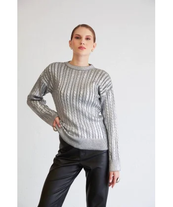 BASKILI DOKULU TRİKO KAZAK GRİ