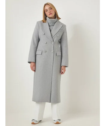 YIRTMAÇLI DÜĞMELİ GRİ YÜN KABAN