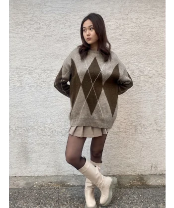 VİZON KAHVERENGİ BAKLAVA DESENLİ KAZAK