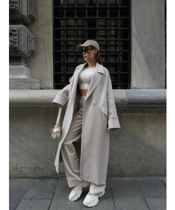 Balıksırtı Oversize Yün Kaban Krem