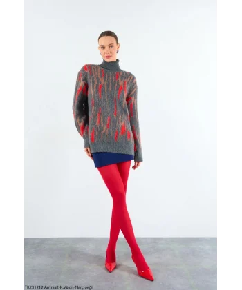 Desenli Balıkçı Yaka Kazak - Antrasit/kırmızı