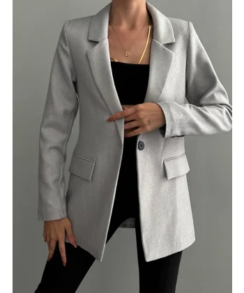 Yün Efekt Kumaş Tek Düğme Gri Blazer Ceket