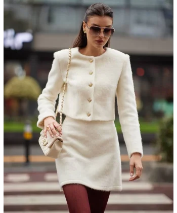 KAŞMİR DOKULU CEKET ETEK BEYAZ