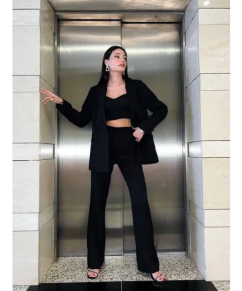 SİYAH CROP BLAZER CEKET PANTOLON TAKIM