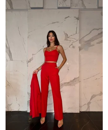 KIRMIZI CROP BLAZER CEKET PANTOLON TAKIM