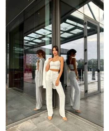 BEYAZ CROP BLAZER CEKET PANTOLON TAKIM