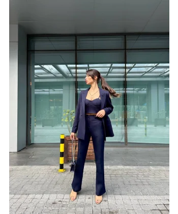 Crop Blazer Ceket Pantolon Takım Lacivert