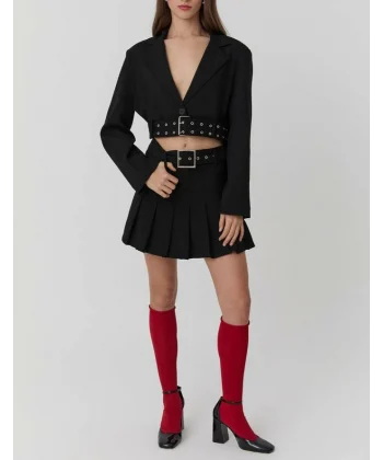 Kemer Detaylı Pileli Mini Etek Siyah