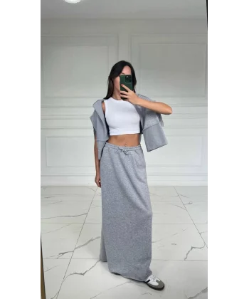 Pamuk Kumaş Yırtmaçlı Uzun Gri Etek