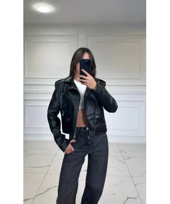 SİYAH FERMUAR DETAYLI DERİ CEKET