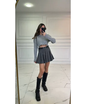 ÇİZGİLİ PİLİSELİ KAŞE MİNİ ETEK GRİ