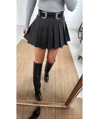 ÇİZGİLİ PİLİSELİ KAŞE MİNİ ETEK SİYAH