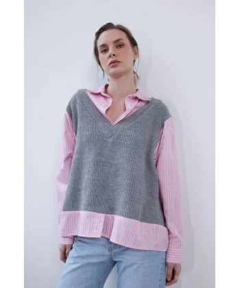 TRİKO GARNİLİ PEMBE ÇİZGİLİ GÖMLEK