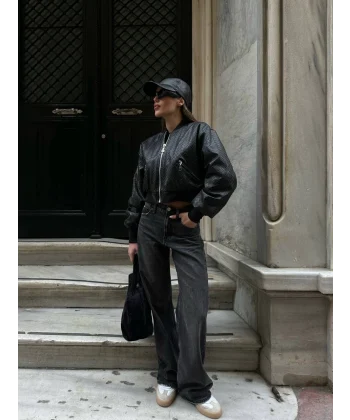 SİYAH ÖRGÜ DESENLİ DERİ CEKET