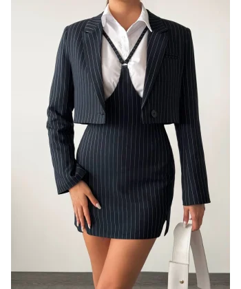 ÇİZGİLİ POLİVİSKON JİLE ETEK CEKET TAKIM LACİVERT