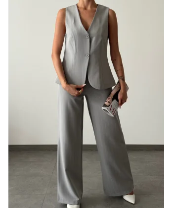 ÇİZGİLİ PAMUKLU YELEK PANTOLON TAKIM GRİ