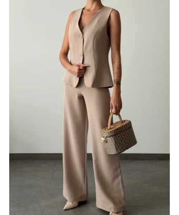 ÇİZGİLİ PAMUKLU YELEK PANTOLON TAKIM VİZON