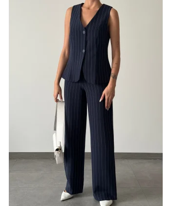 ÇİZGİLİ PAMUKLU YELEK PANTOLON TAKIM SİYAH