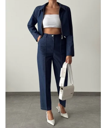 DENİM GABARDİN CEKET PANTOLON TAKIM LACİVERT