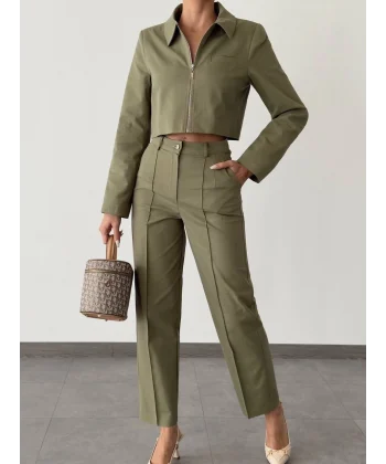 DENİM GABARDİN CEKET PANTOLON TAKIM HAKİ