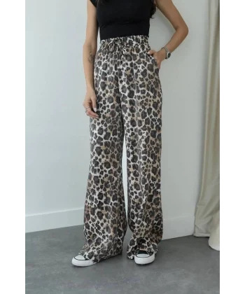 LEOPAR DESENLİ DÖKÜMLÜ PANTOLON BEJ
