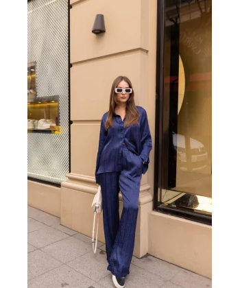 DESENLİ SATEN GÖMLEK PANTOLON TAKIM LACİVERT