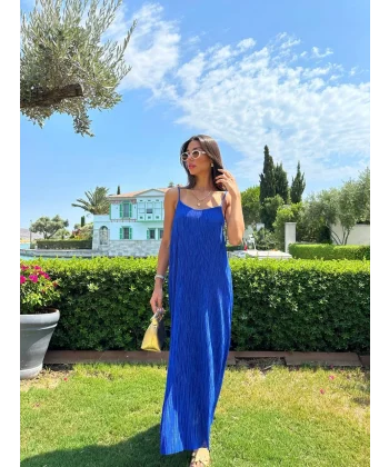 İNCE ASKILI PİLİSE MAVİ UZUN ELBİSE