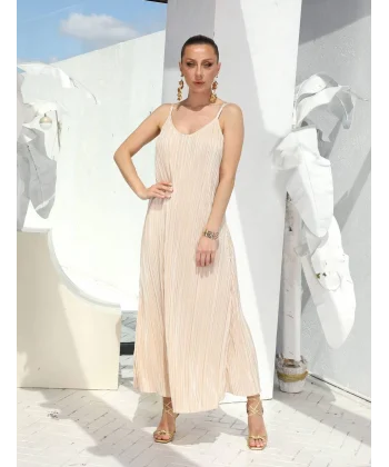 İNCE ASKILI PİLİSE KREM UZUN ELBİSE