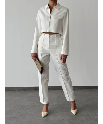 DENİM GABARDİN CEKET PANTOLON TAKIM BEYAZ