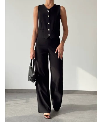 Modal Kumaş Yelek Pantolon Takım Siyah