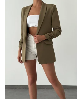 Atlas Kumaş Astarlı Büzgü Kol Tam Kalıp Blazer Ceket Haki