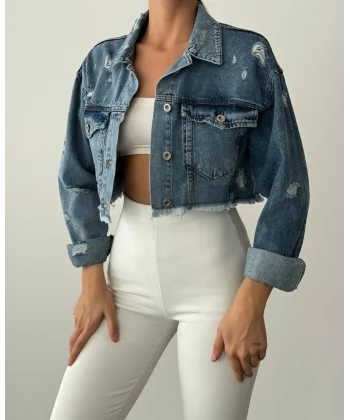 Püsküllü Kısa Kot Ceket Mavi