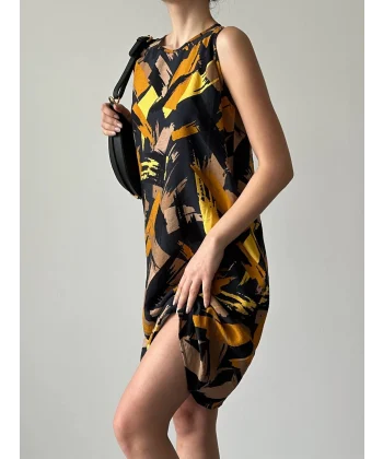 Desenli Çan Elbise Siyah Hardal