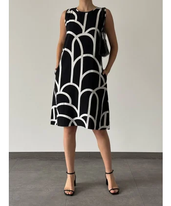 DESENLİ ÇAN ELBİSE SİYAH BEYAZ