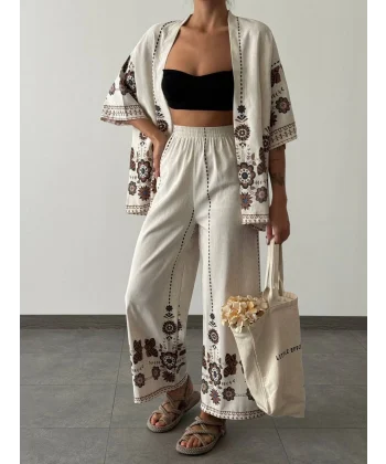 ETNİK DESEN KİMONO TAKIM EKRU