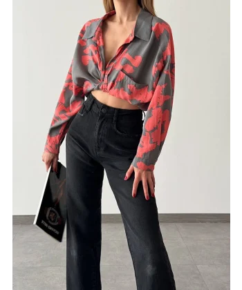 DESENLİ SALAŞ GÖMLEK NAR ÇİÇEĞİ