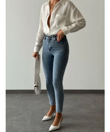 TAŞLI BOYFRİEND KOT PANTOLON MAVİ