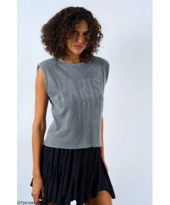 PARİS TAŞ İŞLEMELİ KOLSUZ TİŞÖRT ANTRASİT