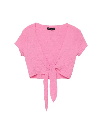 Bağlama Detaylı Crop Bluz Pembe