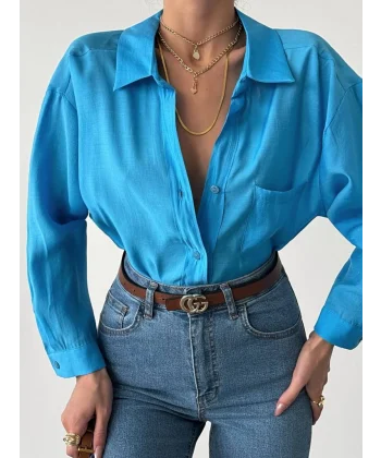 ARKASI PİLELİ SALAŞ MAVİ GÖMLEK