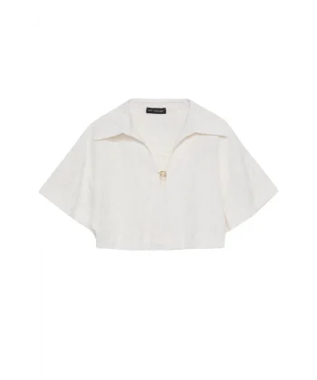 Gömlek Yaka Crop Bluz Naturel