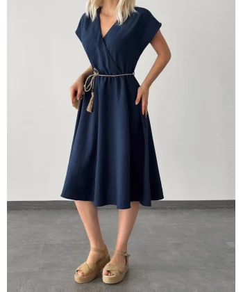 HASIR BAĞLAMALI MİDİ BOY ELBİSE LACİVERT