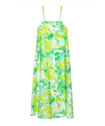 Renkli Desenli Askılı Uzun Elbise Mint