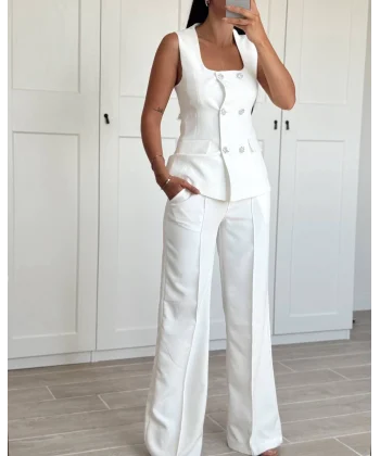 TAŞ DÜĞME BEYAZ YELEK PANTOLON TAKIM