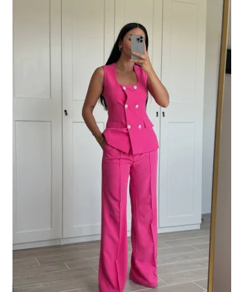 GOLD DÜĞME FUŞYA YELEK PANTOLON TAKIM